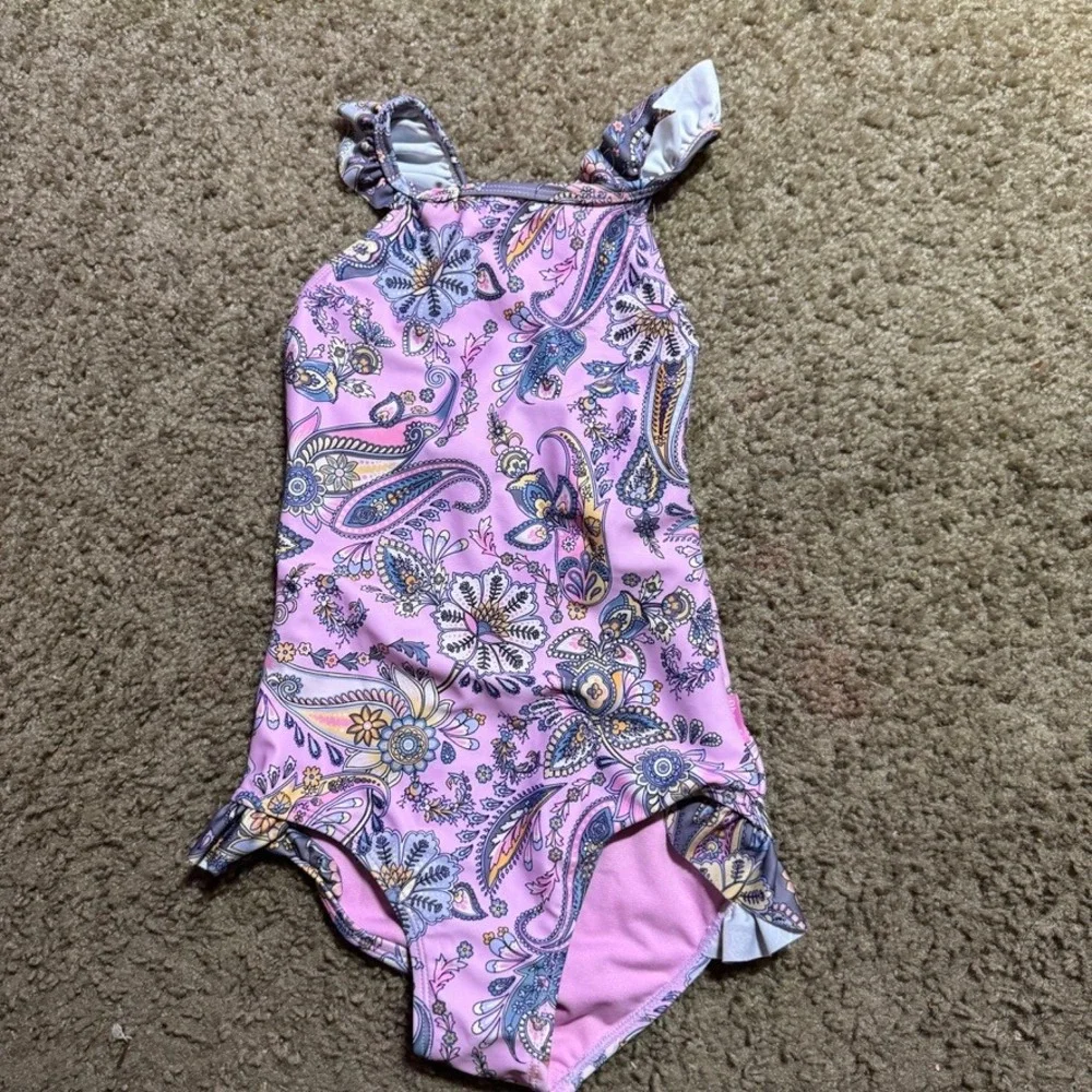 Ghanda Swim Kids Pink Paisley Ruffle One Piece Swimsuit Size 7-8